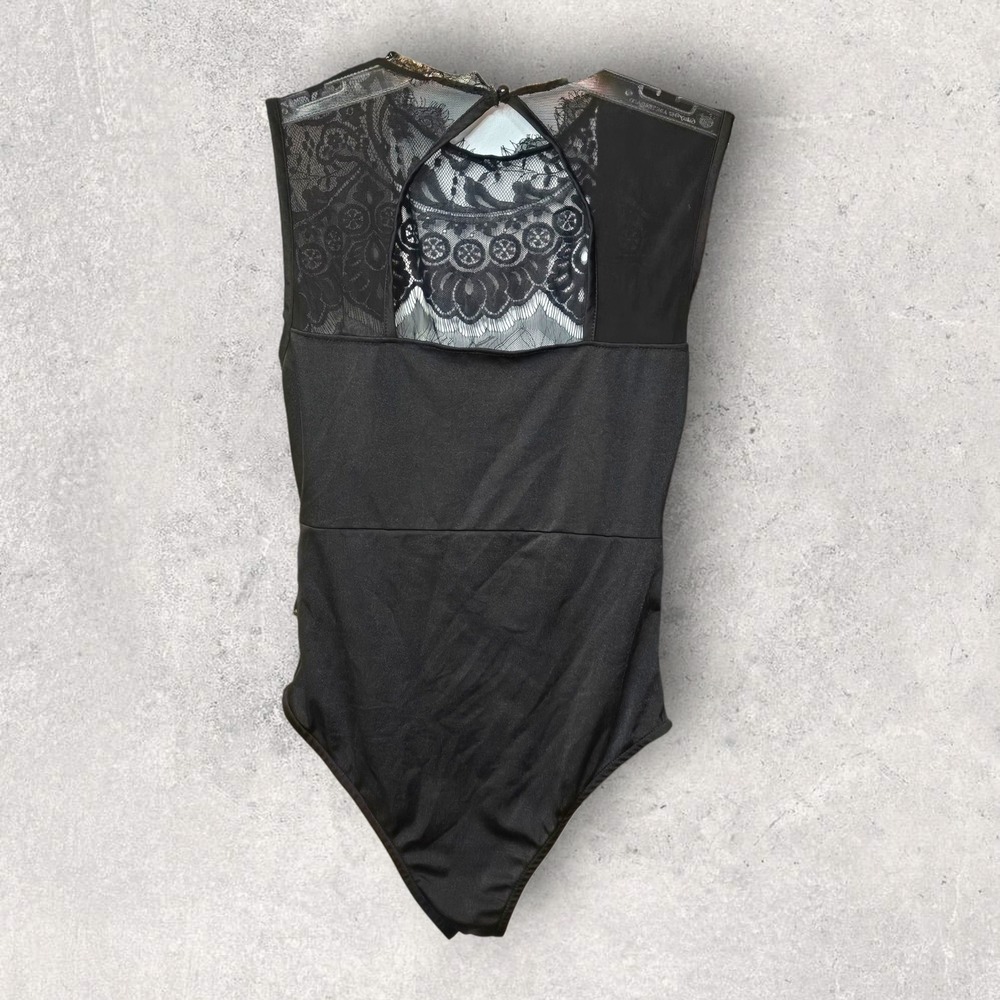 Black Lace Bodysuit Sleeveless Snap Crotch Open Back Sexy Lingerie Top